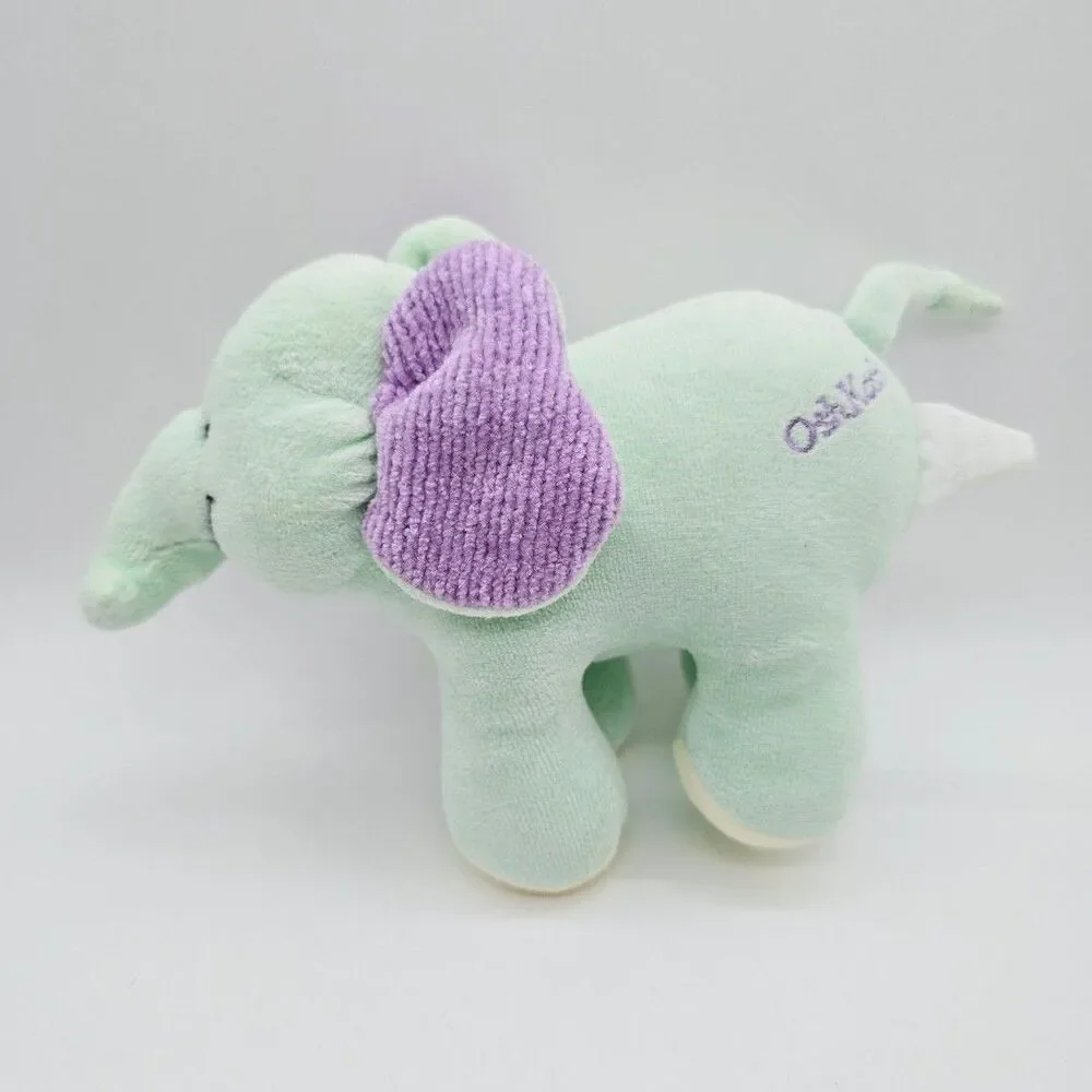 Oshkosh Vtg Green Elephant Baby Plush Toy Rattle Purple Crinkle Ears